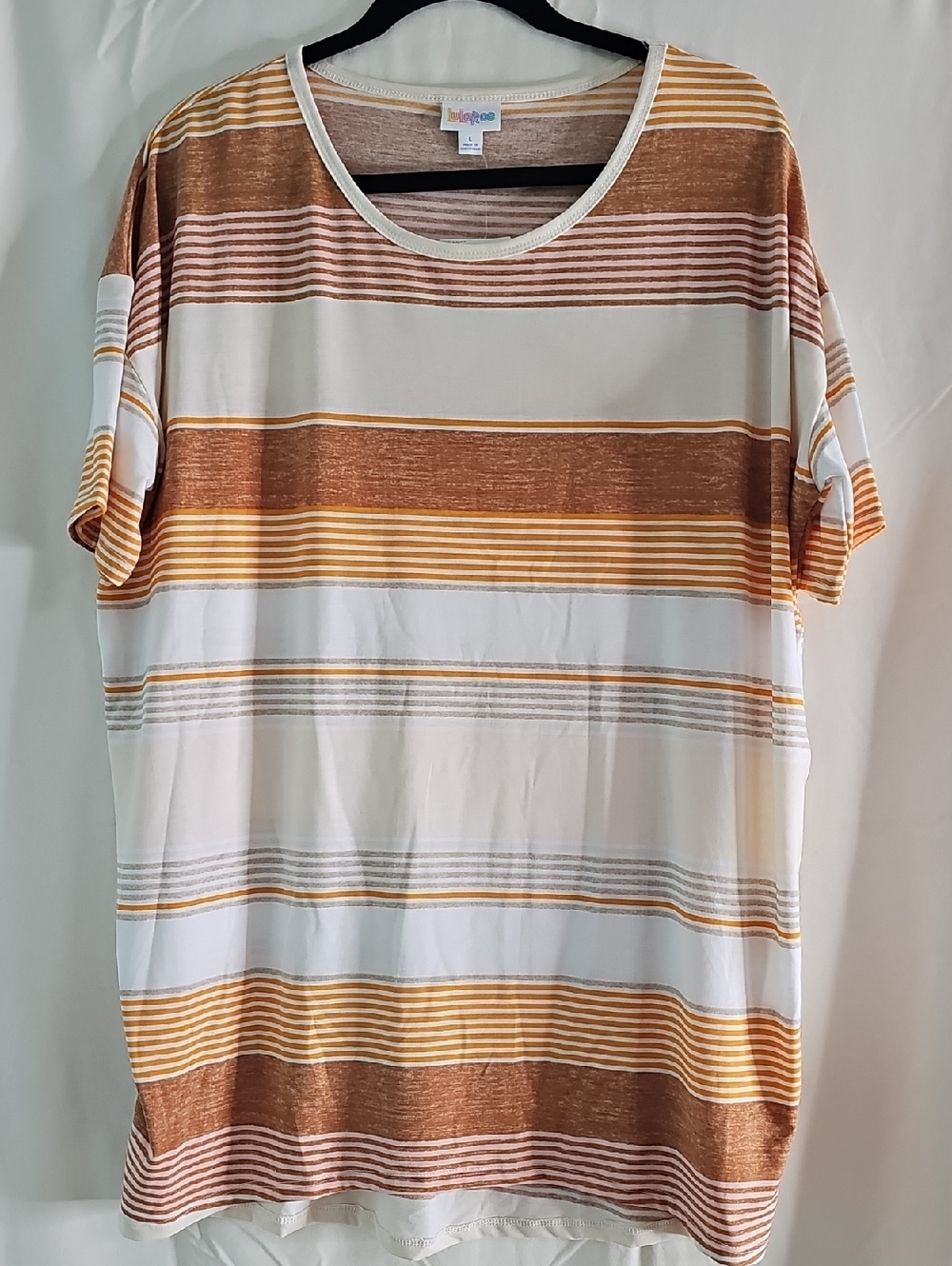 LuLaRoe Irma Short-Sleeve Striped Tee in Brown, White, and Yellow